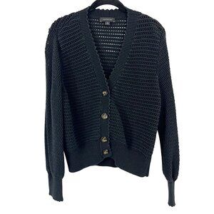 Ann Taylor Black Open Knit Scalloped Button Cardigan Sweater Preppy Size JR XL.